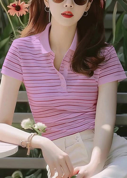 New Purple Peter Pan Collar Striped Cotton T Shirt Summer KJ005 ZS-STP240715