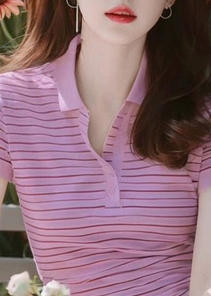New Purple Peter Pan Collar Striped Cotton T Shirt Summer KJ005 ZS-STP240715