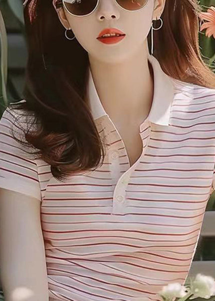 New Purple Peter Pan Collar Striped Cotton T Shirt Summer KJ005 ZS-STP240715