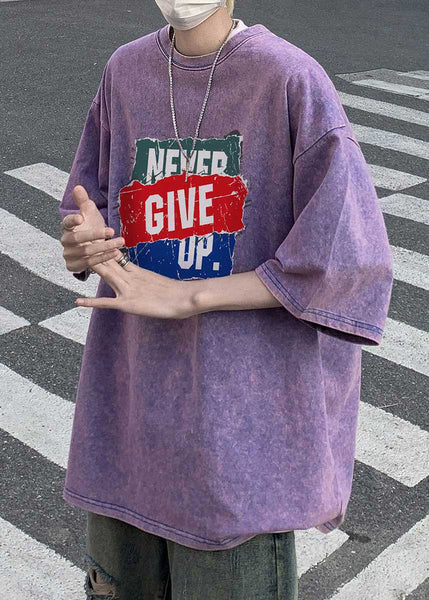 Purple Half Men Shirts New Sleeve Cotton Print T Oversized FashionChic