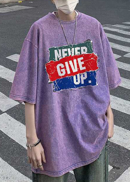 Purple Half Men Shirts New Sleeve Cotton Print T Oversized FashionChic
