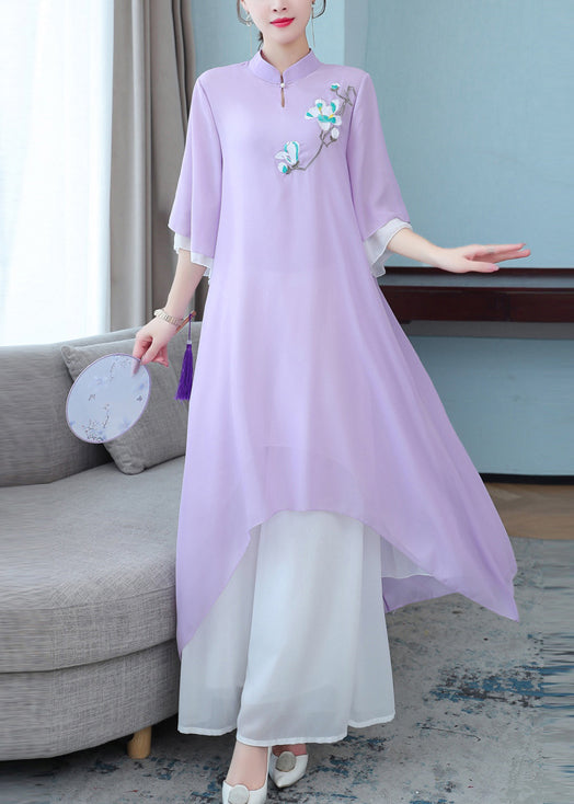New Purple Stand Collar Embroidered Chiffon Two Pieces Set Half Sleeve OP1004 Ada Fashion