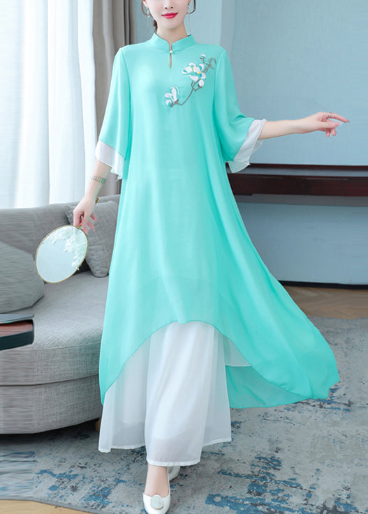 New Purple Stand Collar Embroidered Chiffon Two Pieces Set Half Sleeve OP1004 Ada Fashion