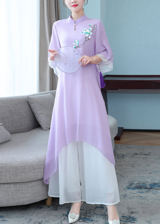 New Purple Stand Collar Embroidered Chiffon Two Pieces Set Half Sleeve OP1004 Ada Fashion