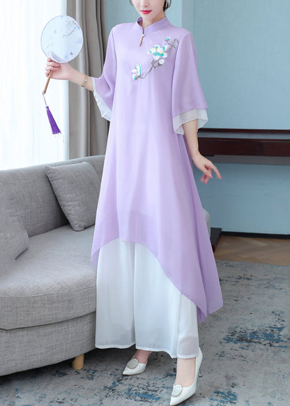 New Purple Stand Collar Embroidered Chiffon Two Pieces Set Half Sleeve OP1004 Ada Fashion