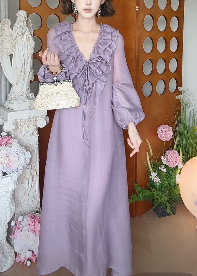 Fall Ruffled Up Dress Purple Long Neck Lace New V Silk FashionChic