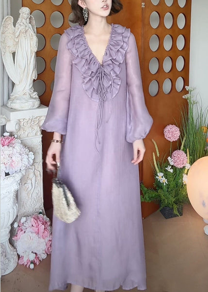 Fall Ruffled Up Dress Purple Long Neck Lace New V Silk FashionChic