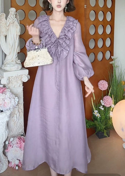 Fall Ruffled Up Dress Purple Long Neck Lace New V Silk FashionChic