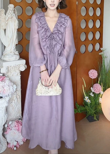 Fall Ruffled Up Dress Purple Long Neck Lace New V Silk FashionChic