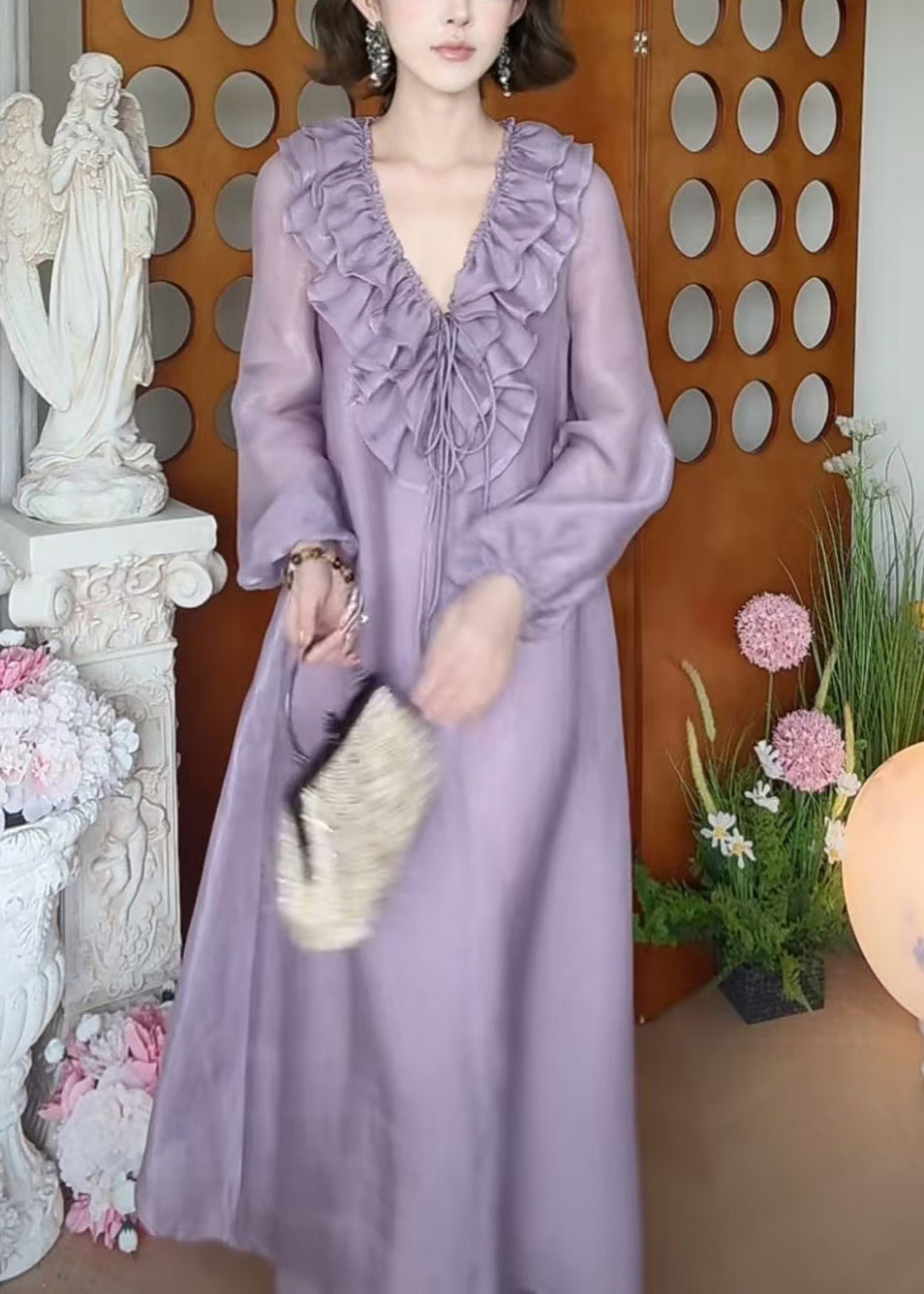 Fall Ruffled Up Dress Purple Long Neck Lace New V Silk FashionChic
