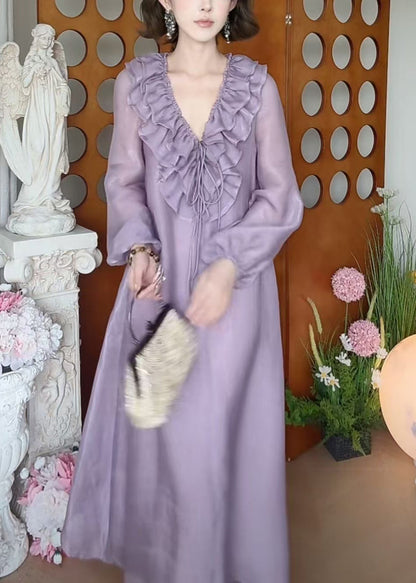Fall Ruffled Up Dress Purple Long Neck Lace New V Silk FashionChic