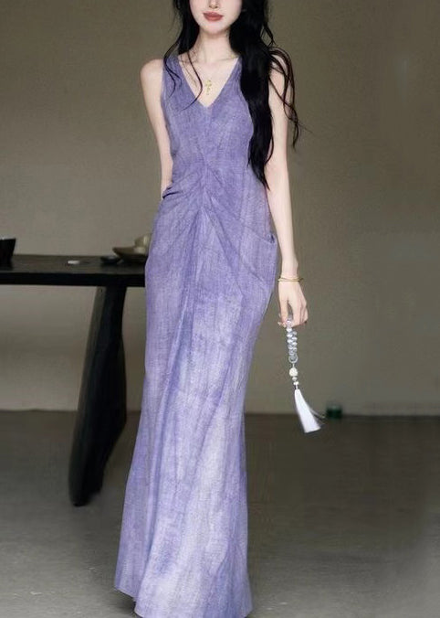 New Purple V Neck Solid Cotton Long Dresses Sleeveless KK022 SH-LF-SDL240602