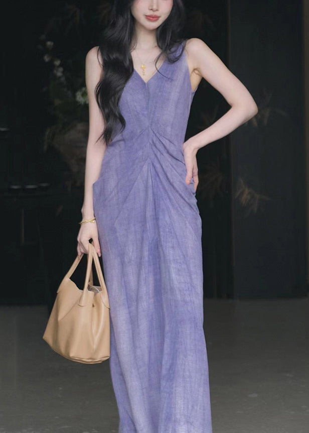 New Purple V Neck Solid Cotton Long Dresses Sleeveless KK022 SH-LF-SDL240602