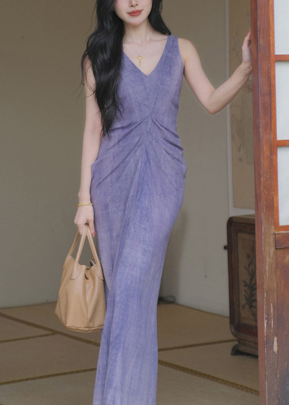 New Purple V Neck Solid Cotton Long Dresses Sleeveless KK022 SH-LF-SDL240602