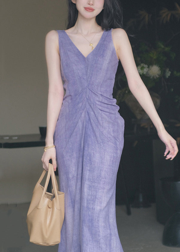 New Purple V Neck Solid Cotton Long Dresses Sleeveless KK022 SH-LF-SDL240602