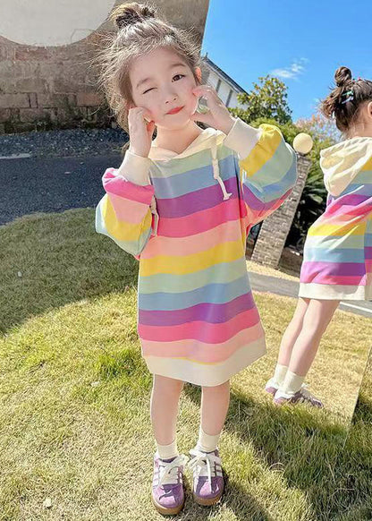 New Rainbow Hooded Lace Up Cotton Girls Sweatshirt Dress Fall XZ074 FALL-MM-RCTZ-FDGL240618