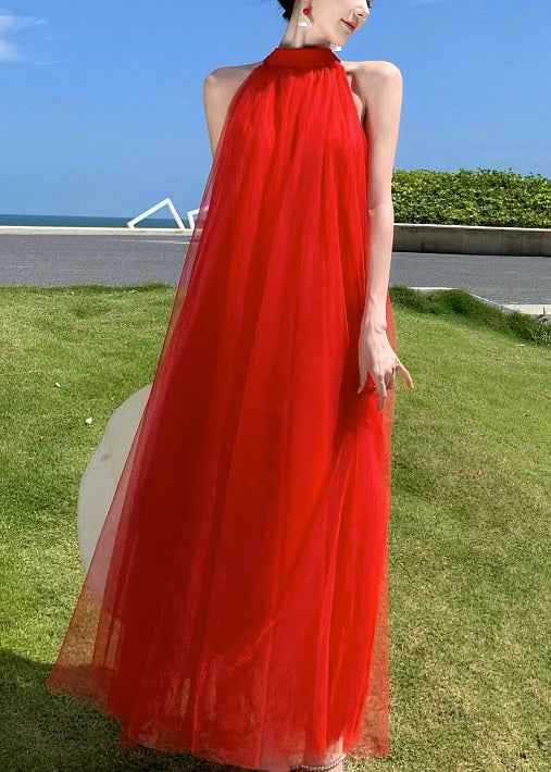 New Red Backless Lace Up Tulle Long Dresses Sleeveless KK023 SH-LF-SDL240602