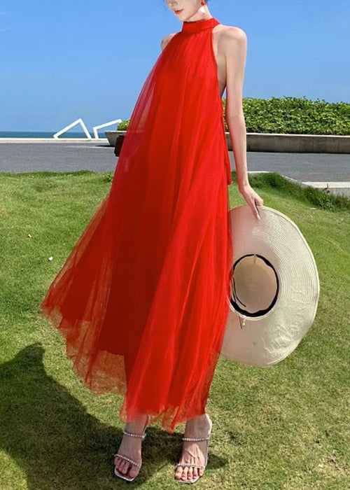 New Red Backless Lace Up Tulle Long Dresses Sleeveless KK023 SH-LF-SDL240602