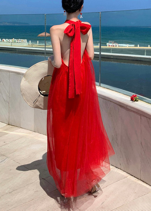 New Red Backless Lace Up Tulle Long Dresses Sleeveless KK023 SH-LF-SDL240602