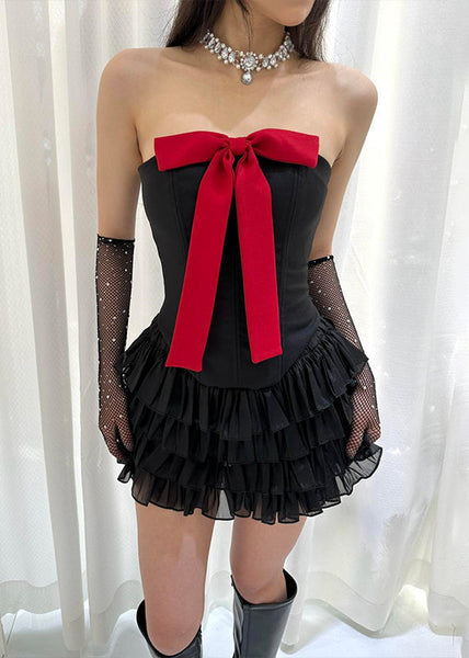 New Red Bow Tank And Pleated Skirt Cotton Two Pieces Set Sleeveless YZ043 ABC