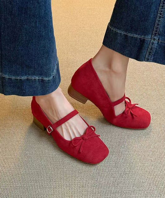 Suede Shoes Red Chunky Splicing New Buckle Bow Strap FashionChic