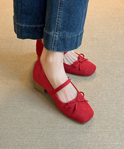 Suede Shoes Red Chunky Splicing New Buckle Bow Strap FashionChic