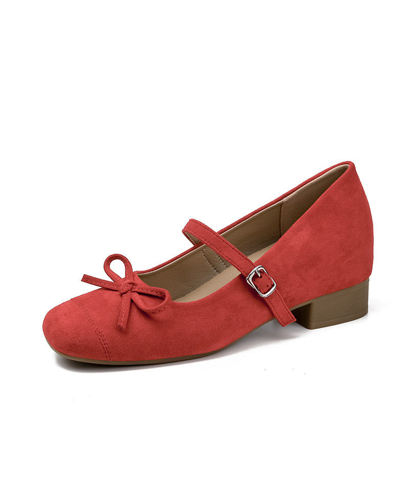 Suede Shoes Red Chunky Splicing New Buckle Bow Strap FashionChic