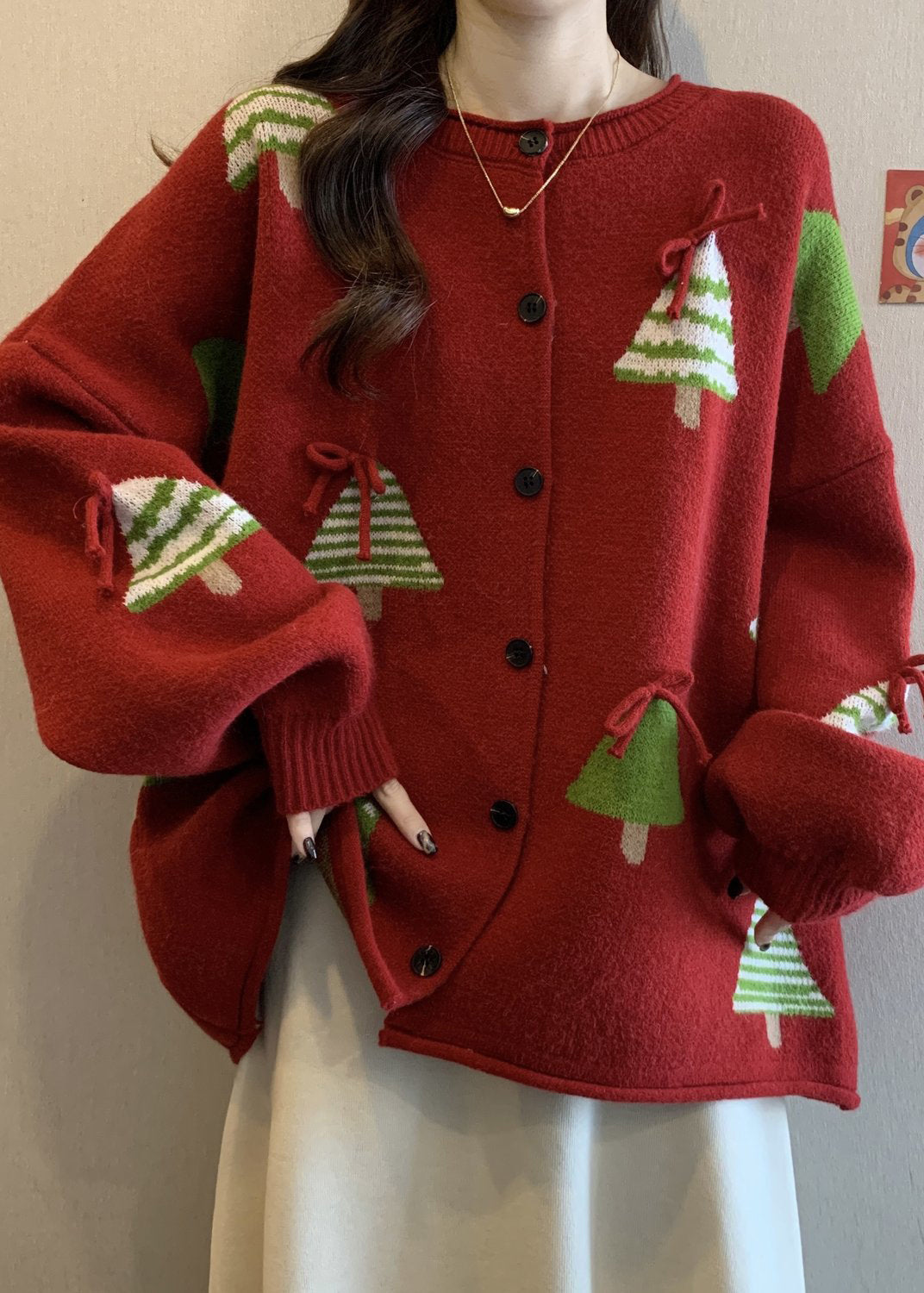 New Red Christmas Tree Bow Button Knit Cardigan Winter RG019 ABC