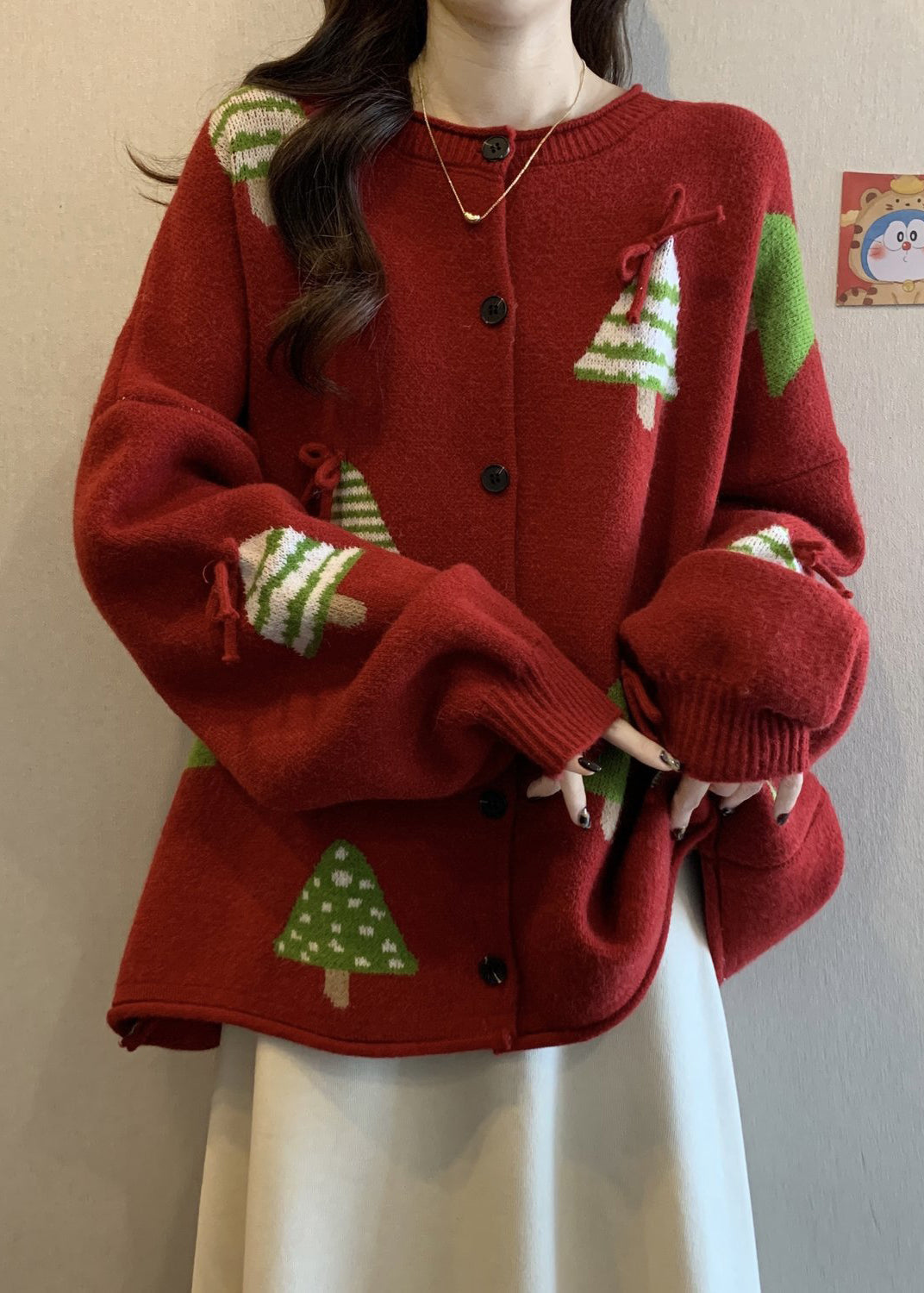 New Red Christmas Tree Bow Button Knit Cardigan Winter RG019 ABC
