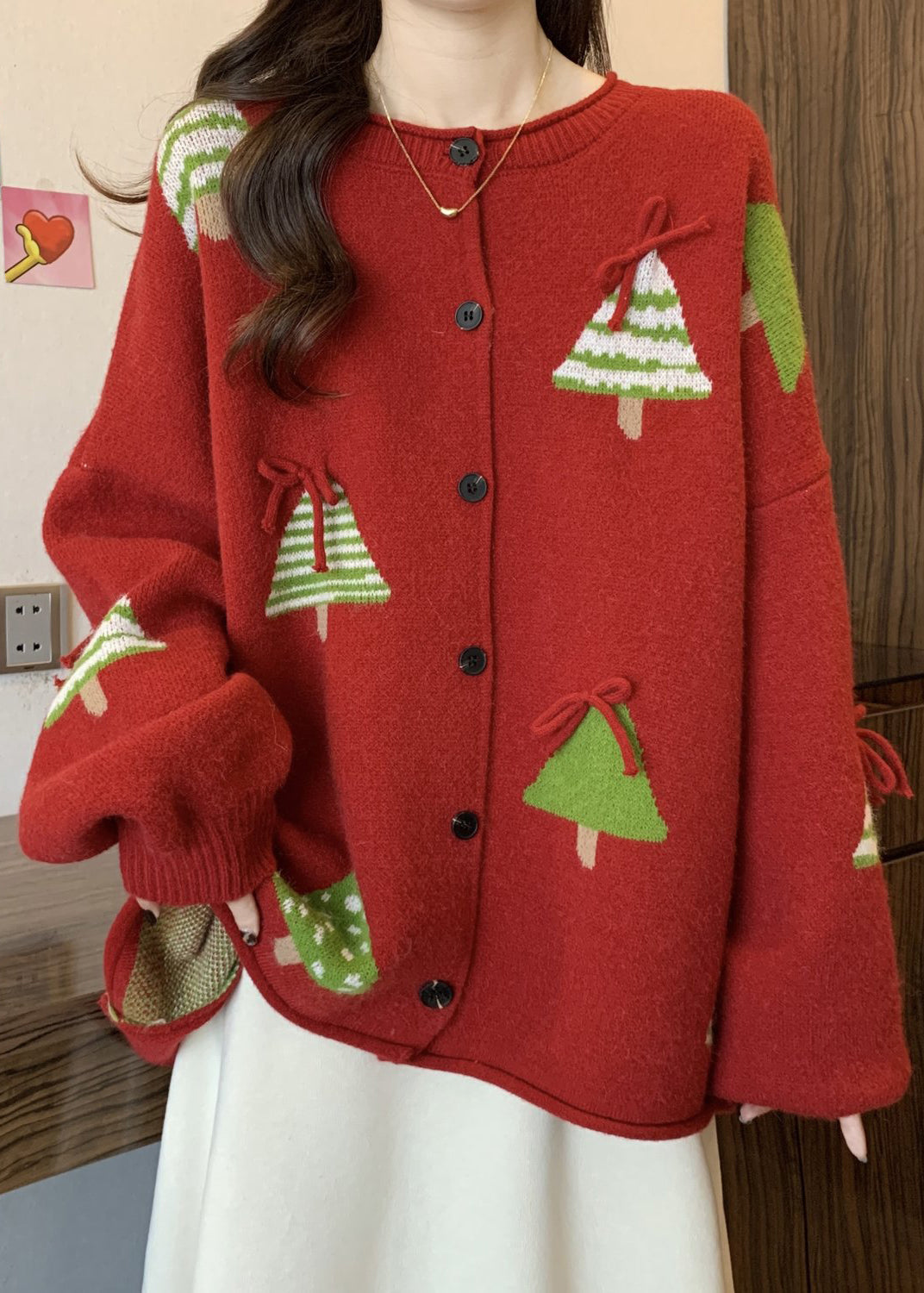 New Red Christmas Tree Bow Button Knit Cardigan Winter RG019 ABC