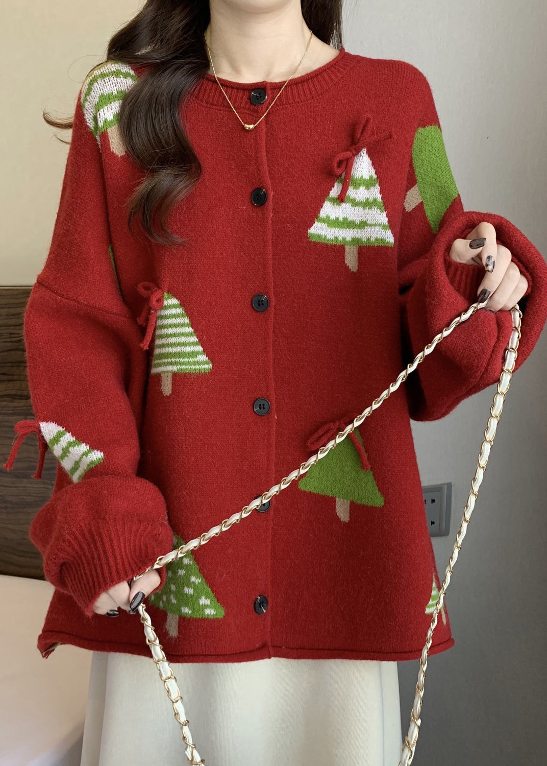 New Red Christmas Tree Bow Button Knit Cardigan Winter RG019 ABC
