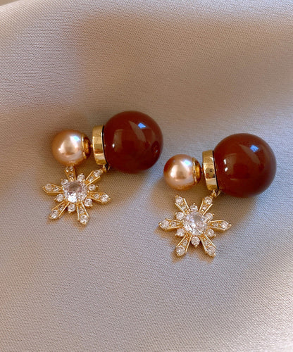 New Red Copper Zircon Pearl Snowflake Stud Earrings RB019 ABC