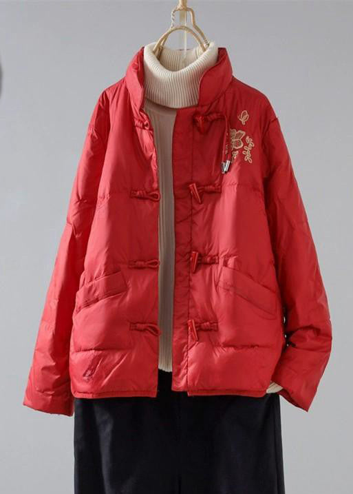 New Red Embroidered Pockets Cotton Filled Parka Winter QG026 OM-DJK241016