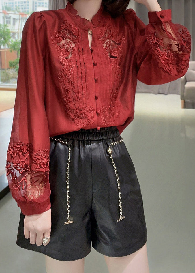 New Red Embroidered Ruffled Button Cotton Shirt Long Sleeve Ada Fashion