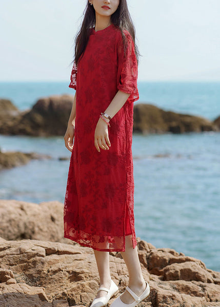 New Red Embroidered Side Open Dresses Half Sleeve QE025 MZF-SDL240927