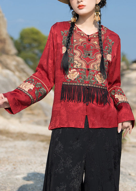 New Red Embroidered Tasseled Silk Coat Long Sleeve Ada Fashion
