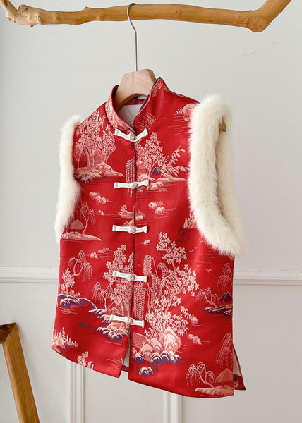 New Red Fluffy Print Patchwork Thick Waistcoat Sleeveless QO062 MZF-DJK241008