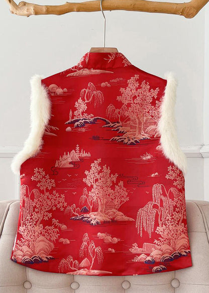 New Red Fluffy Print Patchwork Thick Waistcoat Sleeveless QO062 MZF-DJK241008