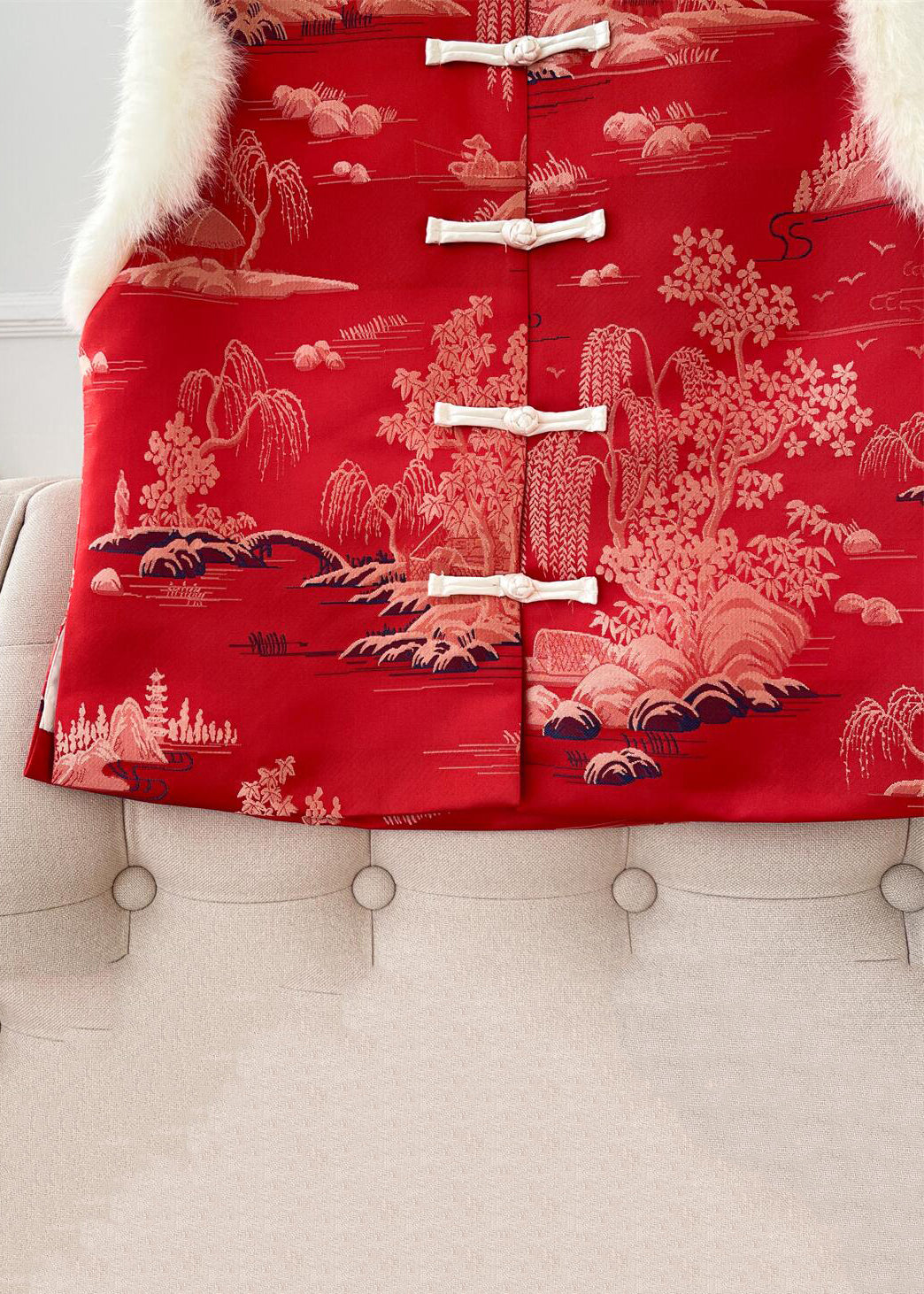 New Red Fluffy Print Patchwork Thick Waistcoat Sleeveless QO062 MZF-DJK241008