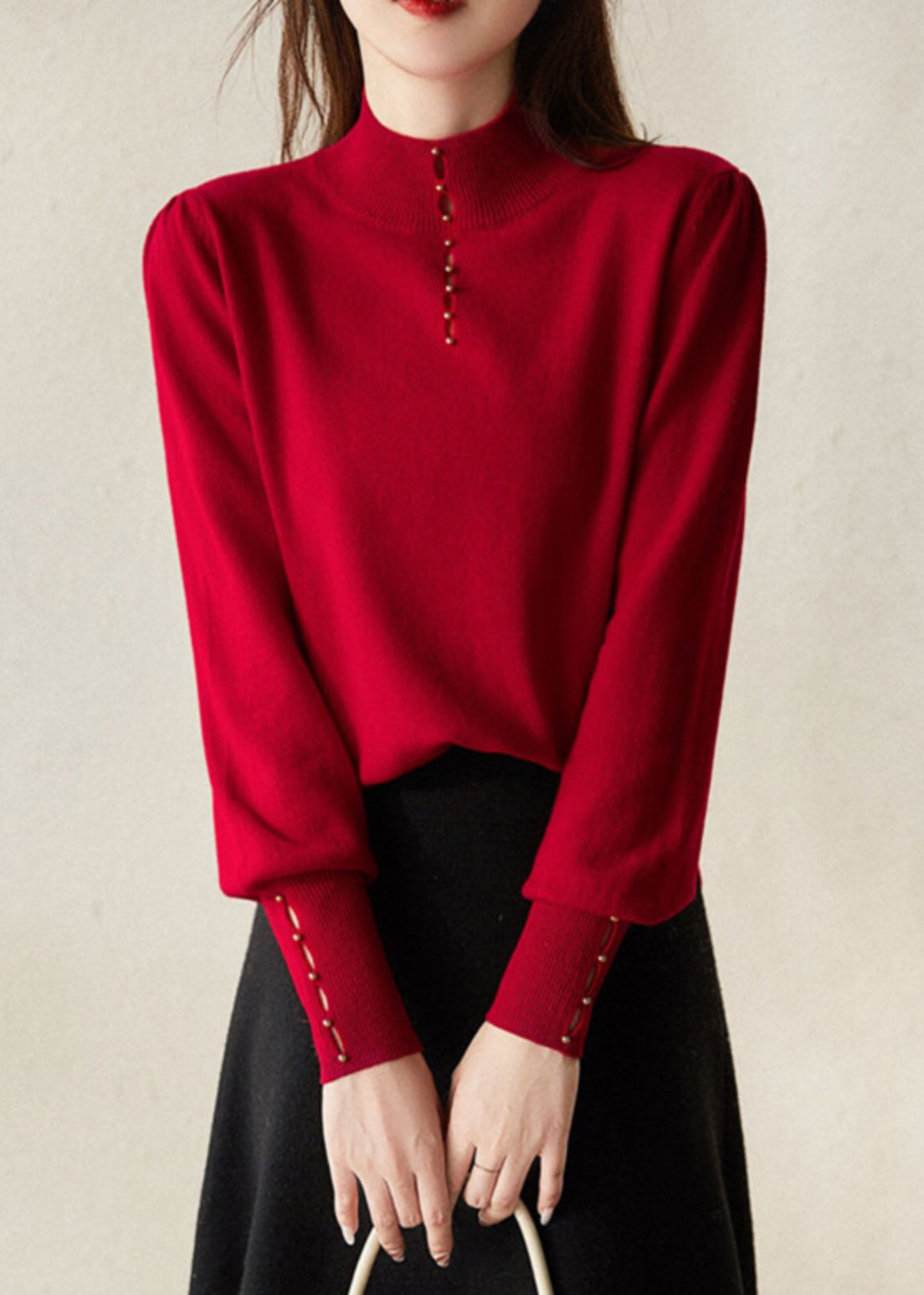 New Red Hollow Out Solid Wool Knit Sweater Spring TF008
