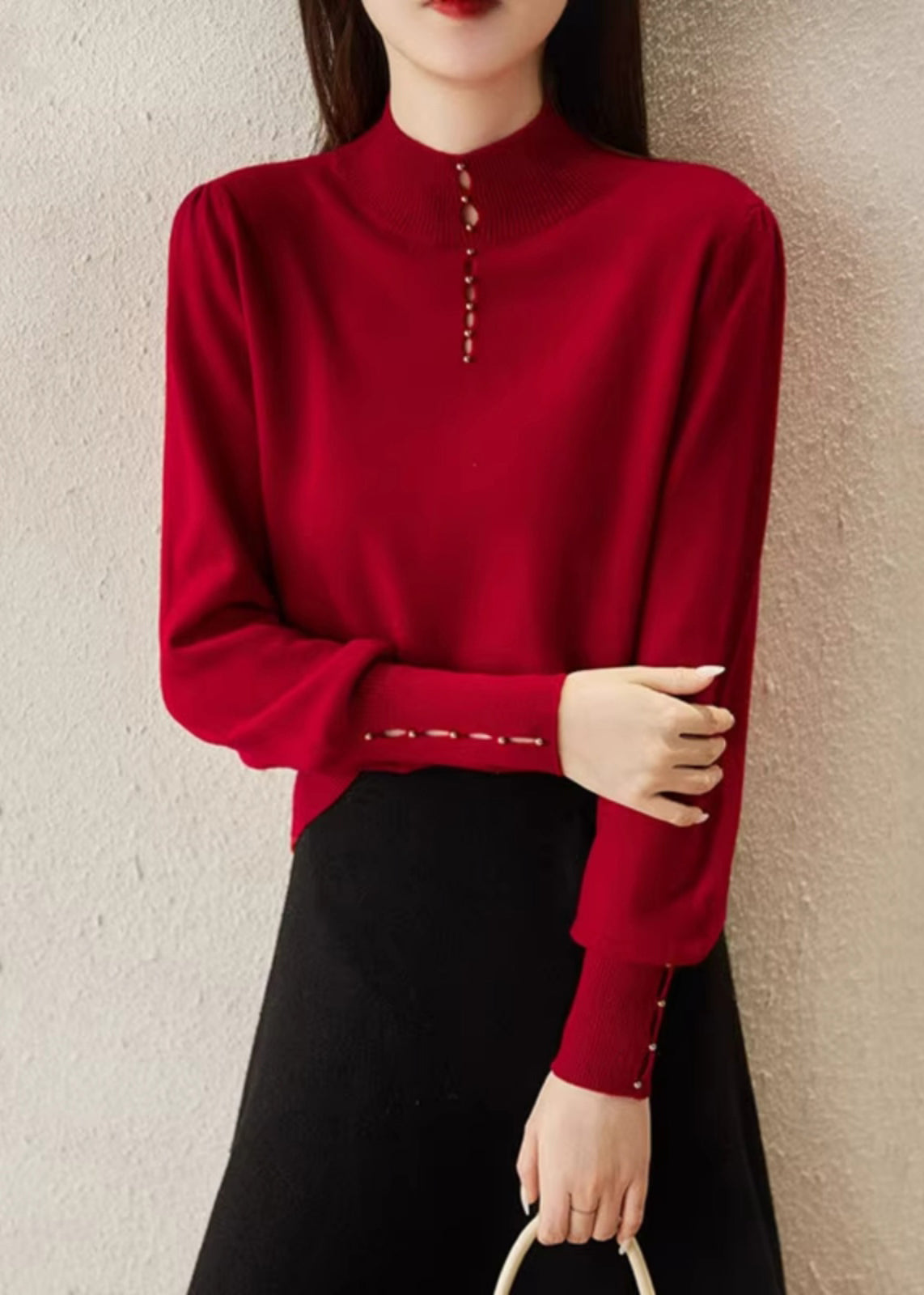 New Red Hollow Out Solid Wool Knit Sweater Spring TF008