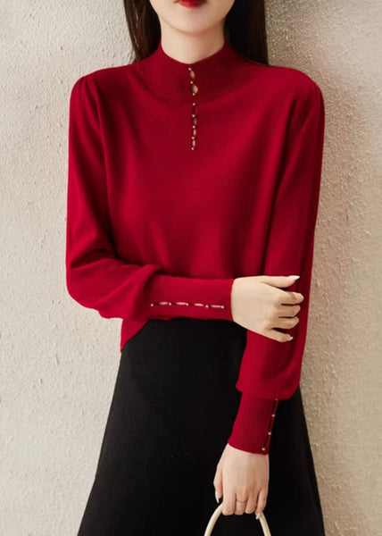 New Red Hollow Out Solid Wool Knit Sweater Spring TF008