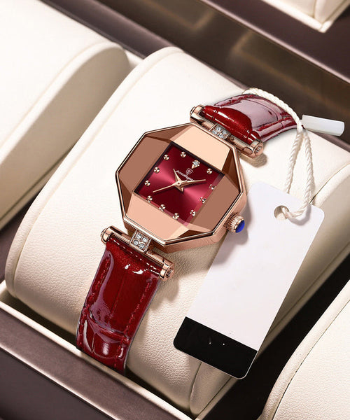 Movement Red Leather Tempere Glass New Waterproof Mineral Quartz FashionChic