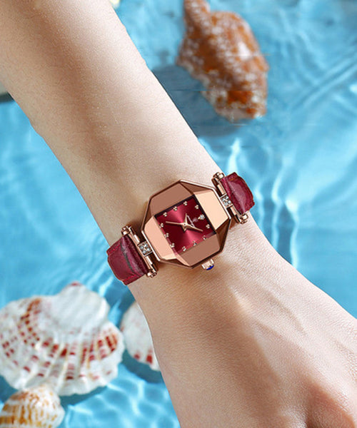 Movement Red Leather Tempere Glass New Waterproof Mineral Quartz FashionChic