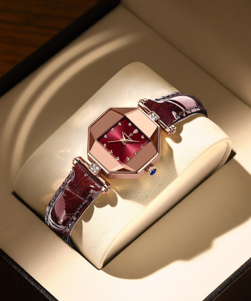 Movement Red Leather Tempere Glass New Waterproof Mineral Quartz FashionChic