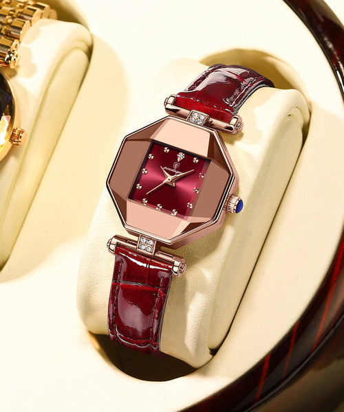 Movement Red Leather Tempere Glass New Waterproof Mineral Quartz FashionChic