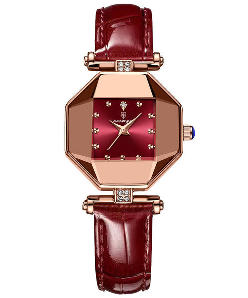 Movement Red Leather Tempere Glass New Waterproof Mineral Quartz FashionChic