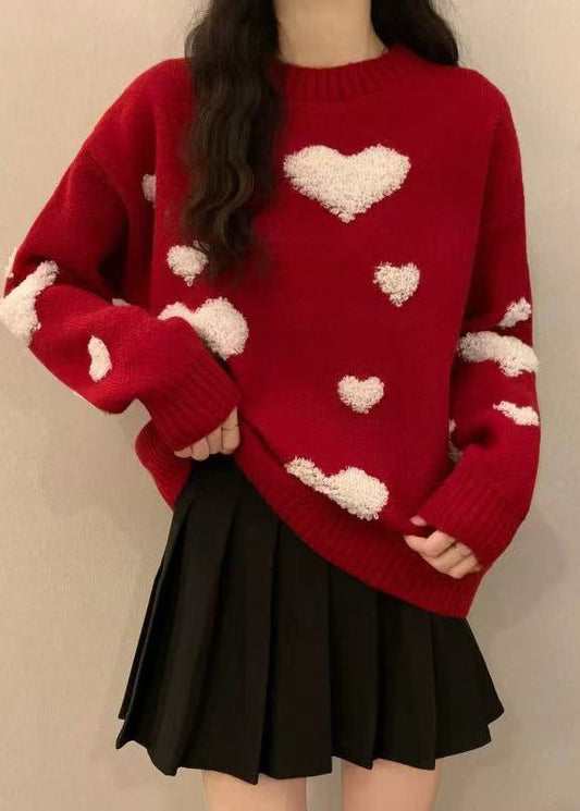 New Red O Neck Heart Jacquard Thick Knit Sweaters Winter RG043 ABC