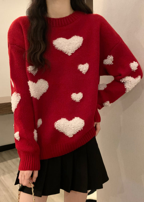 New Red O Neck Heart Jacquard Thick Knit Sweaters Winter RG043 ABC