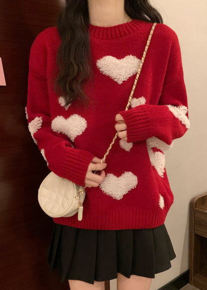 New Red O Neck Heart Jacquard Thick Knit Sweaters Winter RG043 ABC